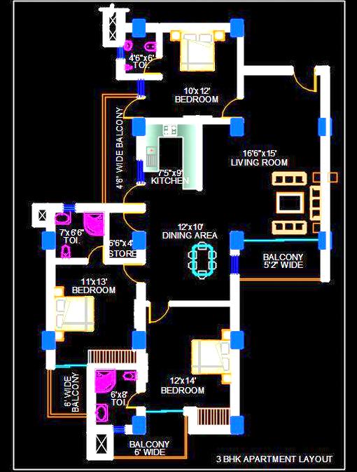 3 BHK Apartment Layout - Autocad DWG File